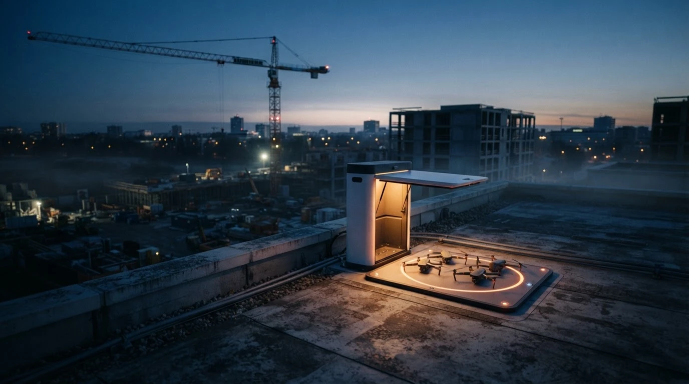 Full view of a concept drone dock on a rooftop, overlooking cranes and a construction site before dawn