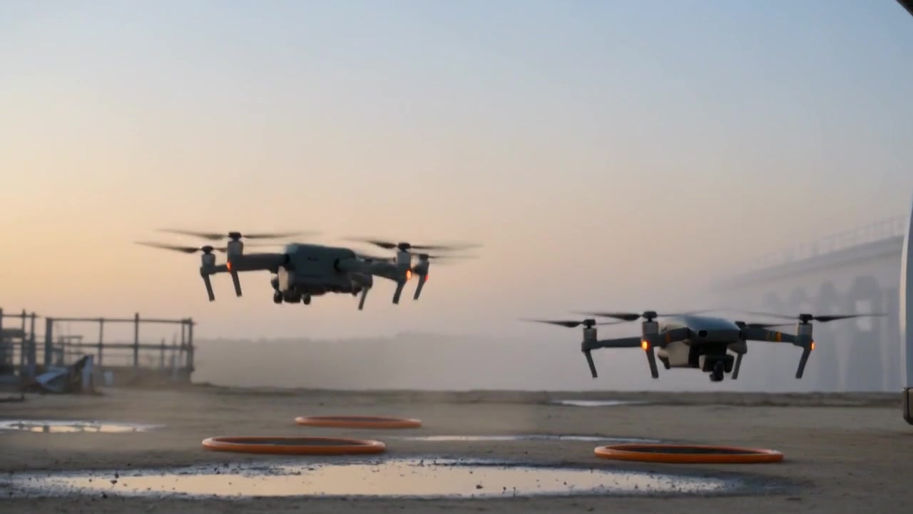 Drones lifting off at an industrial site in the Northframe concept film